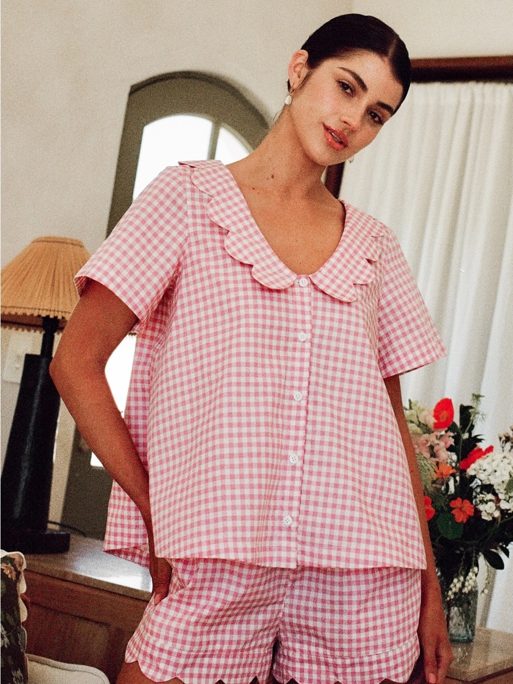 Piyama Penelope Sleep Set Gingham Berry, Pink Short Set Scallop Collar, Size XL